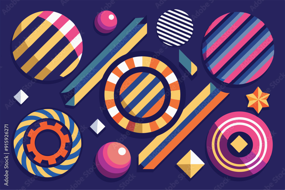 Poster a vibrant arrangement of circular and linear patterns in various colors on a dark blue backdrop, cre
