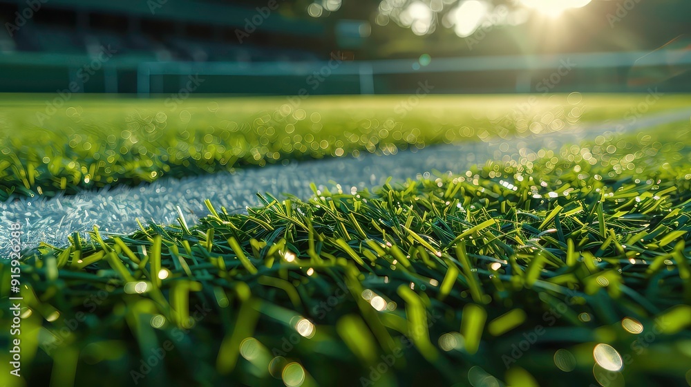 Poster close-up of a white line on a green artificial grass field with a blurry background. the sun is shin