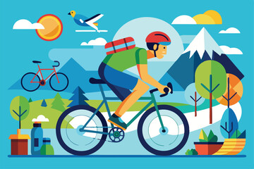 Fototapeta premium A cyclist pedals energetically through a colorful mountain vista, surrounded by trees, a bright sun, and whimsical birds