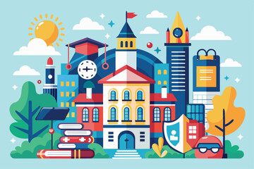 A vibrant illustration showcases a college campus featuring iconic buildings, books, and elements of academic life surrounded by trees and sunlight