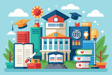 This visual displays various elements of college admissions, showcasing a university building, books, graduation caps, and academic tools in a vibrant setting