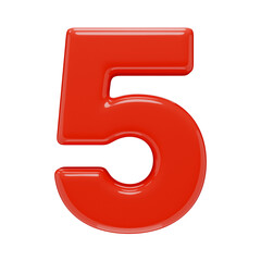Volumetric number five, isolated on a transparent background. 3D digit 5 in red color plastic with a glossy texture. Photorealistic render.