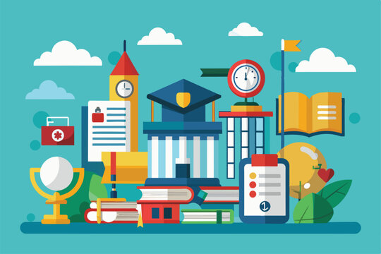 A colorful illustration showcasing various educational symbols, including books, a university building, and items representing college admissions