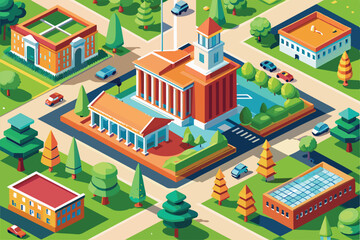 A lively college campus features buildings, trees, cars, and pathways, showcasing an inviting atmosphere for students and visitors on a bright day