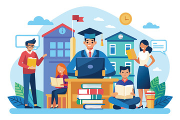 Students collaborate in a lively college classroom, surrounded by books and educational materials, while a graduate proudly engages with peers