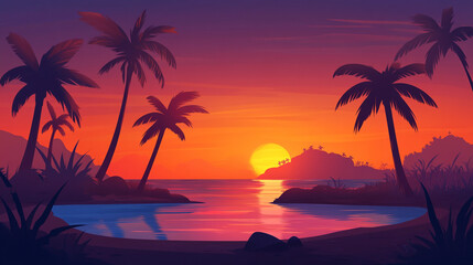 Fototapeta na wymiar Cartoon simple tropical island background at dusk