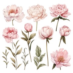 Pink peonies and foliage isolated on white background.