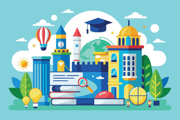 A colorful illustration showcases a lively college campus with notable buildings, books, and symbols of education amid a backdrop of nature and creativity