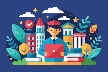 A student in a graduation cap holds a laptop, surrounded by books and iconic university buildings under a vibrant sky, symbolizing academic achievement