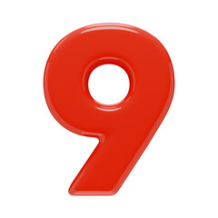 Volumetric number 9, isolated on a transparent background. 3D digit nine in red color plastic with a glossy texture. Photorealistic render.