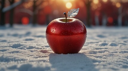 High-resolution, close-up photograph of a single red apple placed on a snow-covered ground. The apple is vibrant and glossy, with tiny water droplets covering its surface, reflecting the sunlight. 