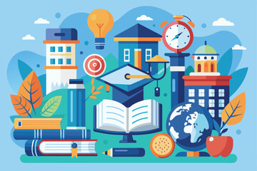 A colorful collection of academic tools and resources arranged to illustrate a college project focused on preparing for entrance exams