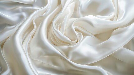 Fototapeta premium A close-up shot of white satin fabric with soft, flowing folds and creases. The texture is smooth and silky.