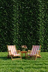 Backyard Bliss: Escape the hustle and bustle with this serene image of two inviting chairs on a lush green lawn. Perfect for creating a sense of relaxation and tranquility in any space. generative AI