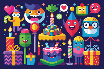 Obraz premium A vibrant array of funny characters and decorations brings a festive atmosphere, showcasing gifts and celebratory elements perfect for joyful events