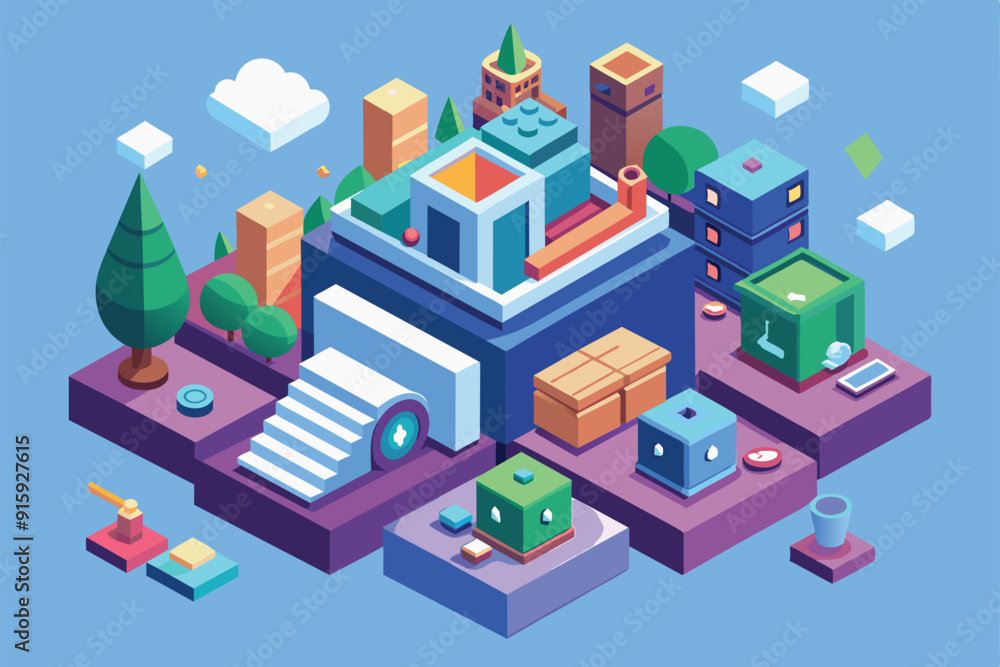 Poster a colorful isometric illustration features various structures and elements tailored for a customizab