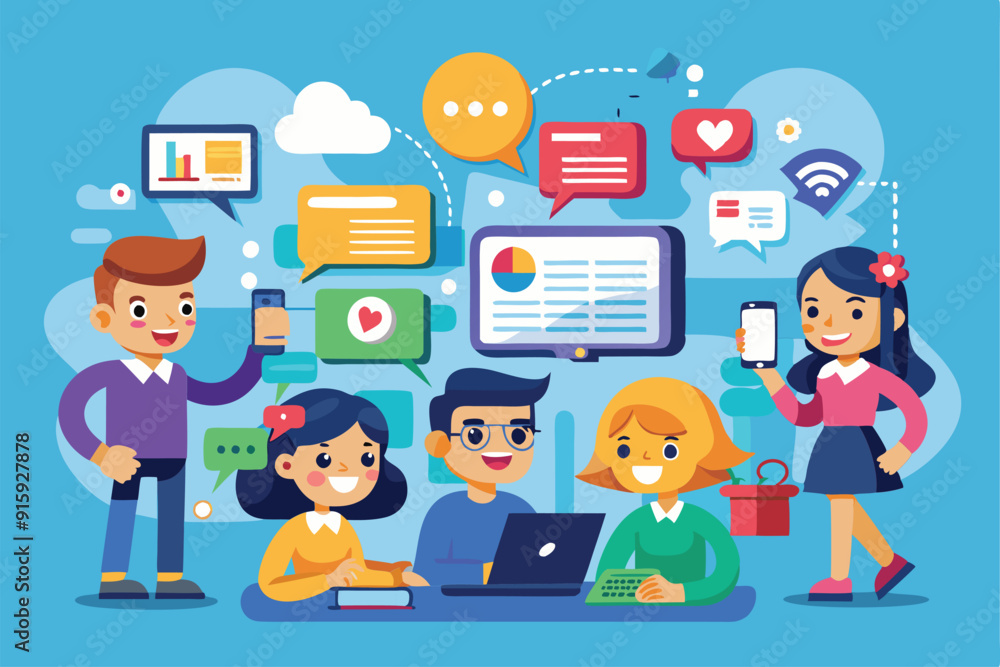 Poster diverse individuals interact and communicate using various devices in a lively classroom filled with