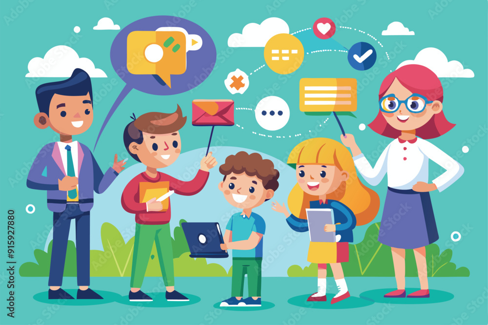 Poster a group of cartoon characters happily interact with each other, sharing messages, using devices, and