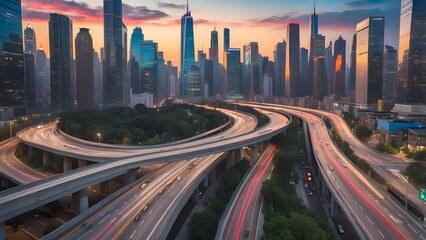 Fototapeta premium A winding asphalt highway stretches through a city, skyscrapers and a vibrant skyline in the background, bright sunny day