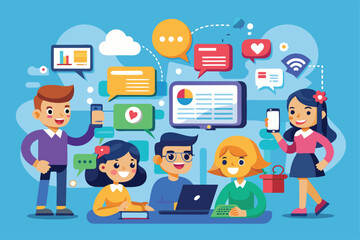 Diverse individuals interact and communicate using various devices in a lively classroom filled with colorful chat bubbles