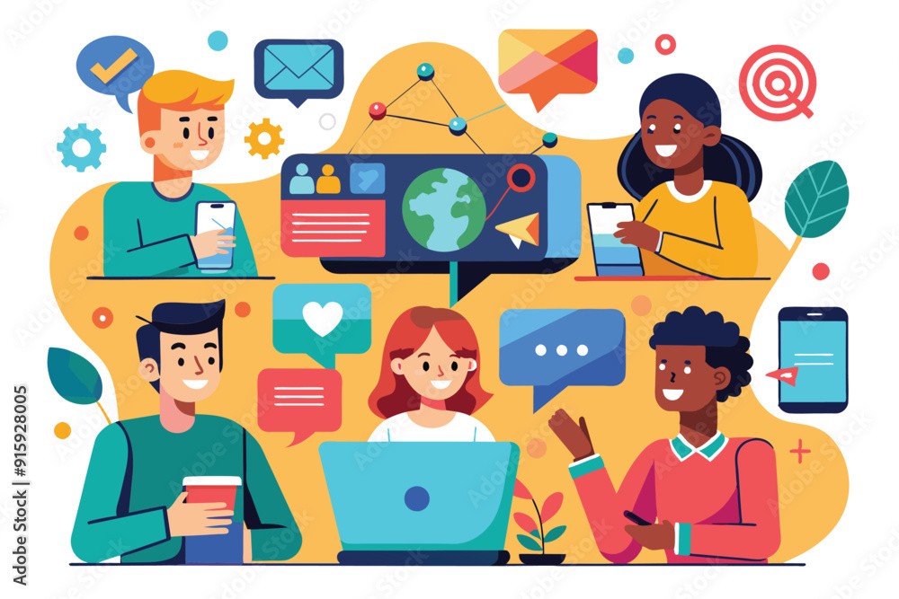Aufkleber a diverse group of individuals utilizes various devices to communicate and collaborate, showcasing t