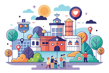 Obraz premium A lively community interacts in a park surrounded by colorful buildings, enjoying activities under sunny skies and playful clouds