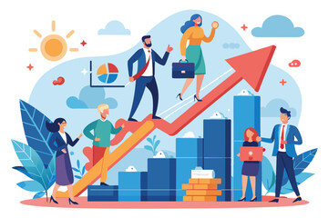 Fototapeta premium A group of diverse professionals collaborate, representing rising business prospects with a visual graph highlighting growth and success