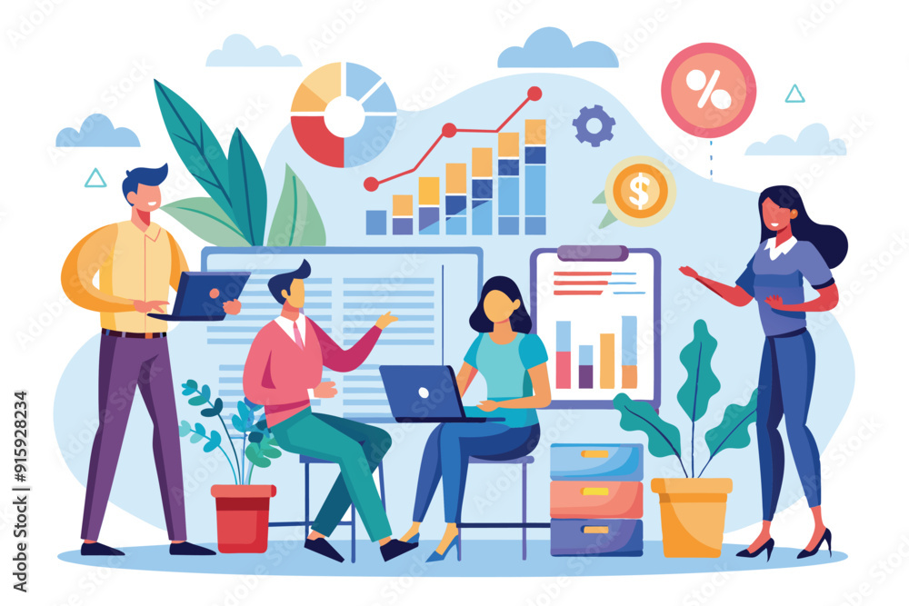 Poster employees are engaged in collaborative data analysis, discussing trends and insights while utilizing