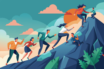 A group of employees engage in a team-building challenge as they climb a mountain during sunset amidst scenic clouds and vibrant colors