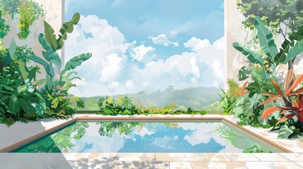 Fototapeta premium Sky garden flat design side view landscape theme water color Splitcomplementary color scheme