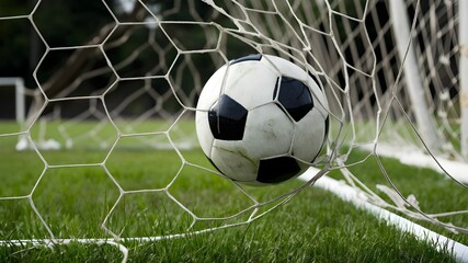 Soccer ball in  hitting the Goal net.