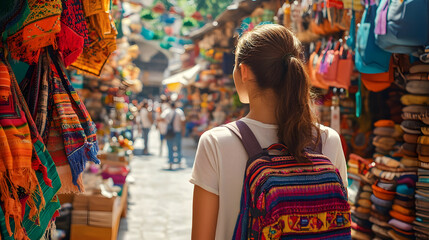 Obraz premium A young woman explores a colorful market street in Mexico, the essence of local travel and youthful curiosity filling the vibrant scene