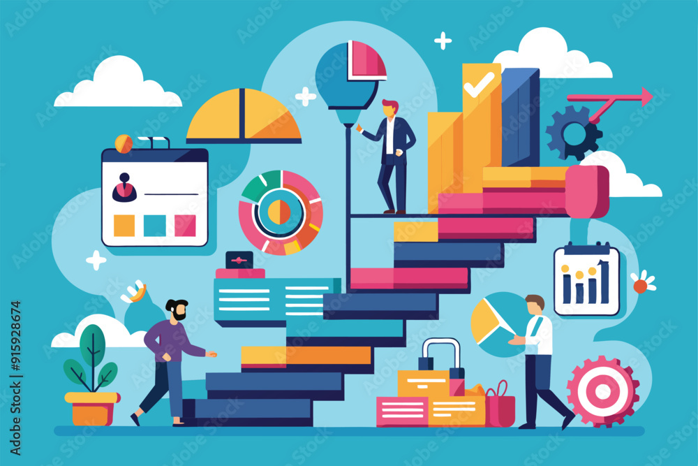 Poster a flat illustration shows individuals working on different tasks, showcasing progress and collaborat