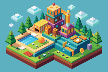 A vibrant outdoor landscape features a swimming pool, colorful buildings, and tall trees, creating a playful and inviting atmosphere