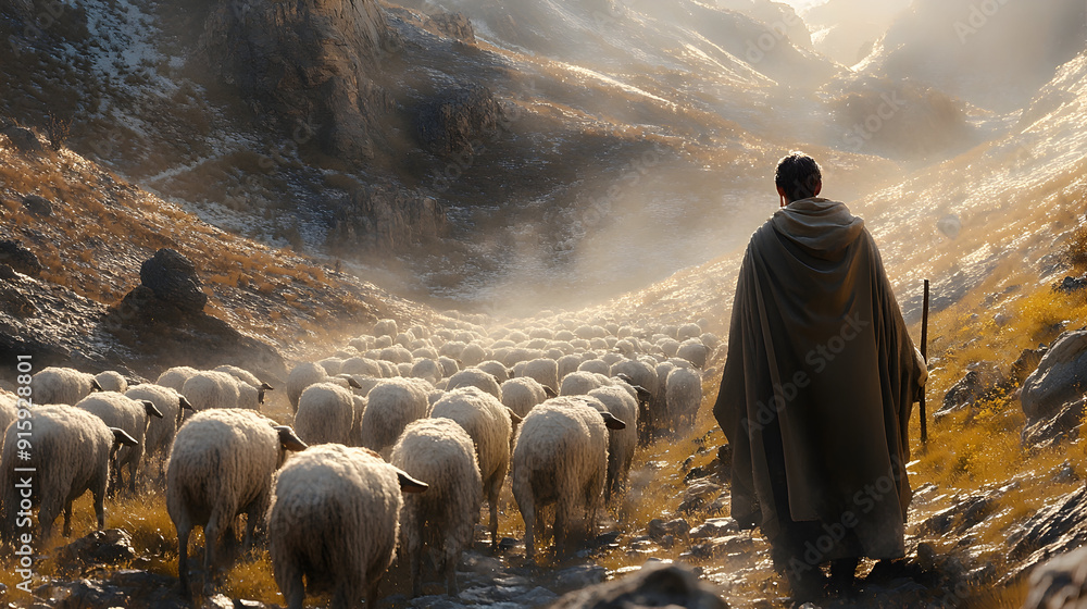 Poster 1. a shepherd leading his herd of sheep. developed using generative ai.