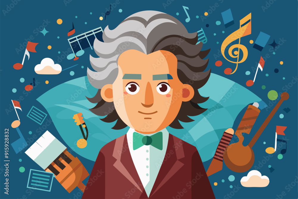 Poster a colorful cartoon representation of a composer stands amidst various musical instruments and notes,