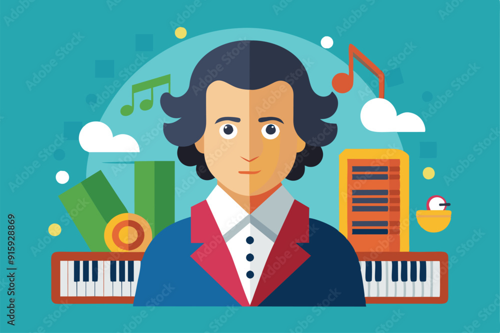 Poster a composer is depicted with musical notes and instruments in a colorful environment, conveying a liv