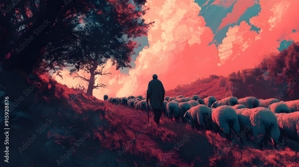 Poster a shepherd guiding his flock of sheep. created with generative ai.