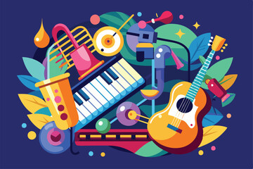 Colorful musical instruments come together to inspire creativity and composition in an engaging, artistic representation of musical expression