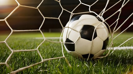 Soccer ball in  hitting the Goal net.
