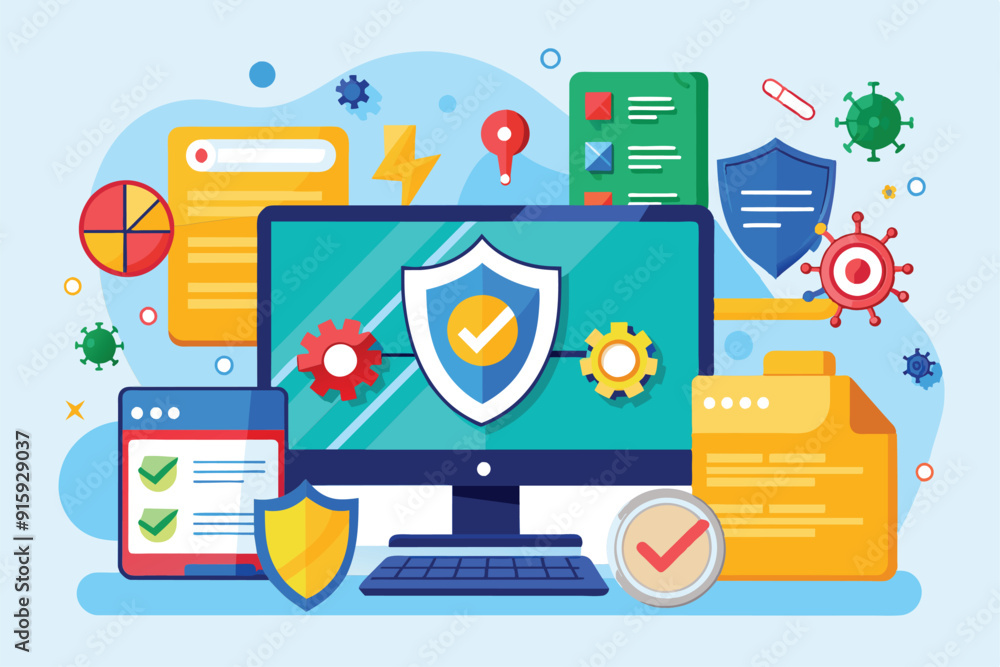 Poster a computer with antivirus software displayed shows secure shield icons and network protection visual