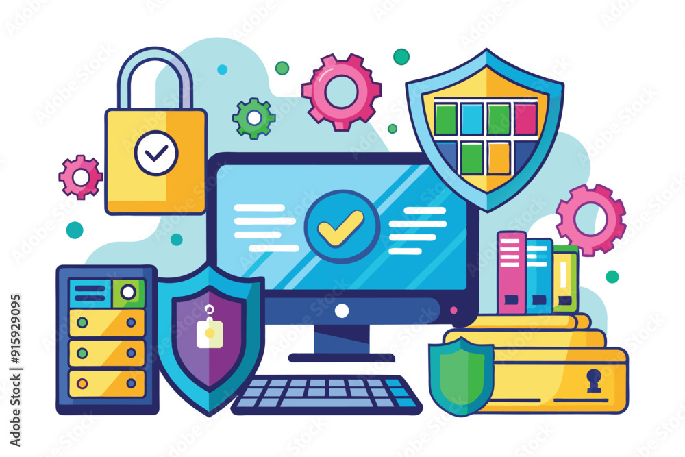 Aufkleber a colorful illustration highlights computer data input security with locks, shields, and gears, show