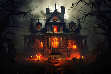 Castle in a fog. Halloween background.