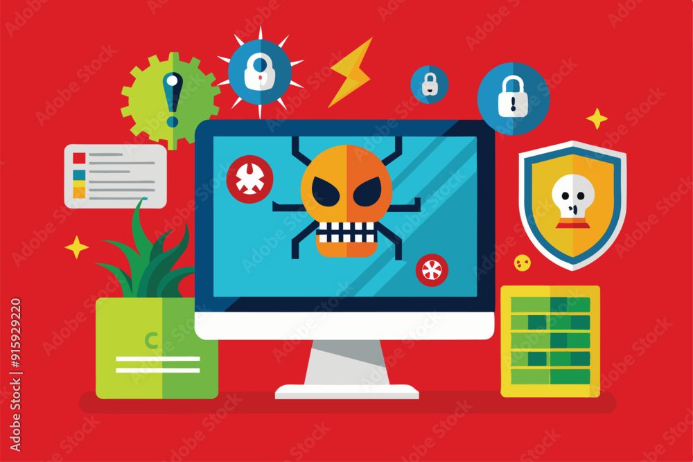 Poster a computer screen displays a malware virus attack with icons representing security threats, protecti