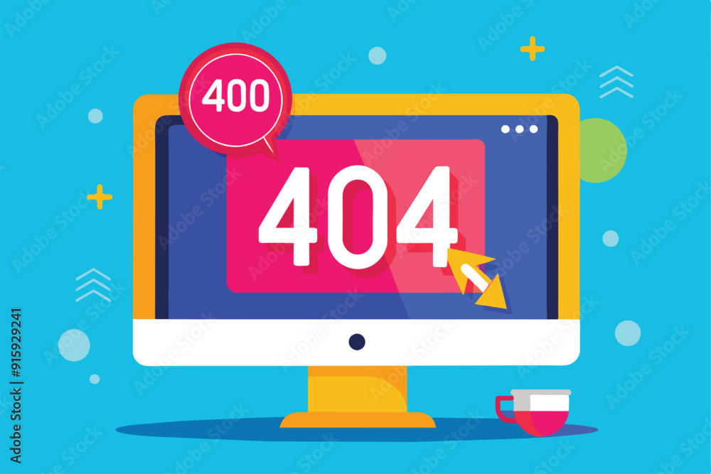 Poster a computer screen shows a 404 error message indicating a connection issue, featuring vibrant colors 