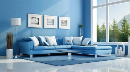 Simple living room decor with blue sofa and light blue wall