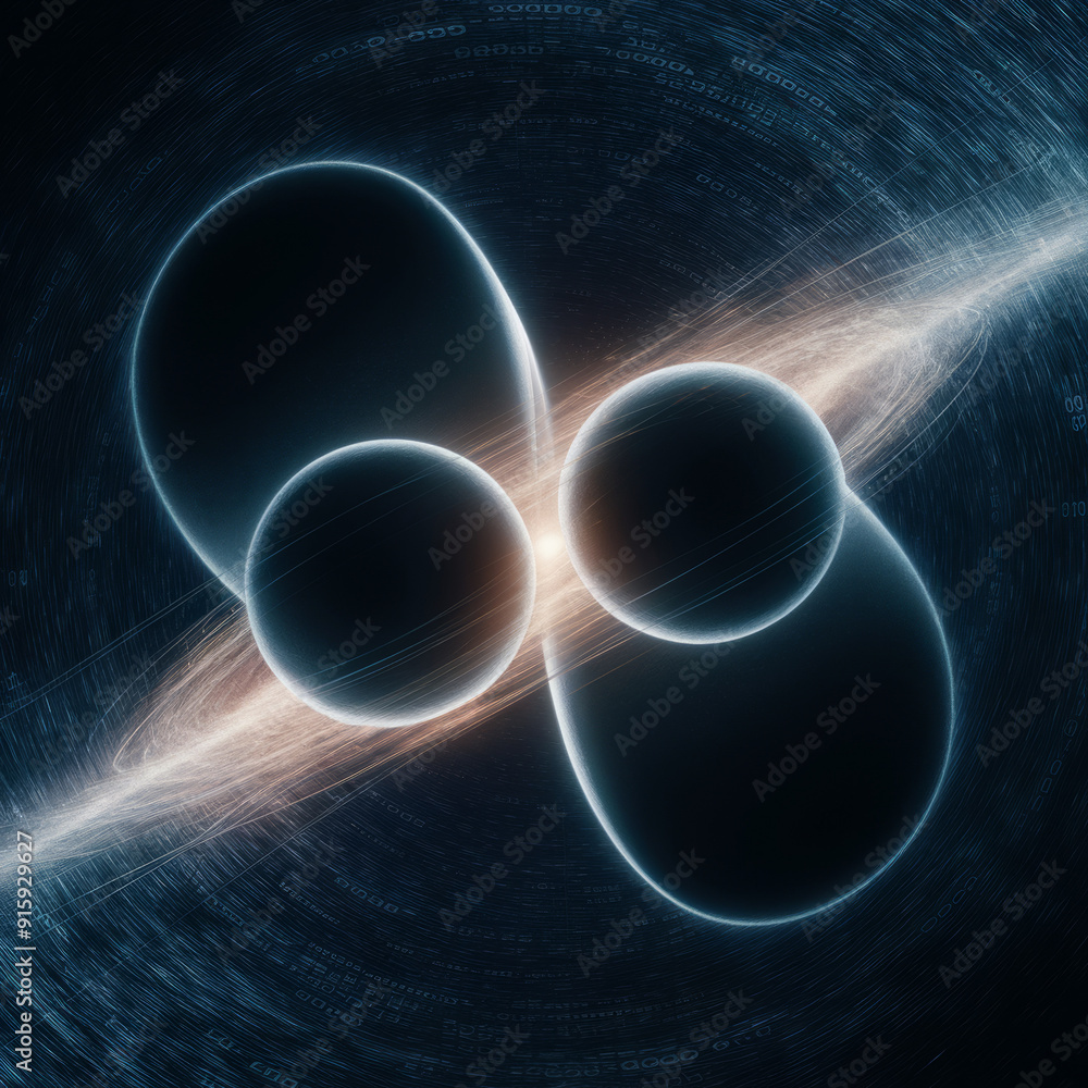 Poster stunning depiction of a binary black hole system with dynamic energy swirls