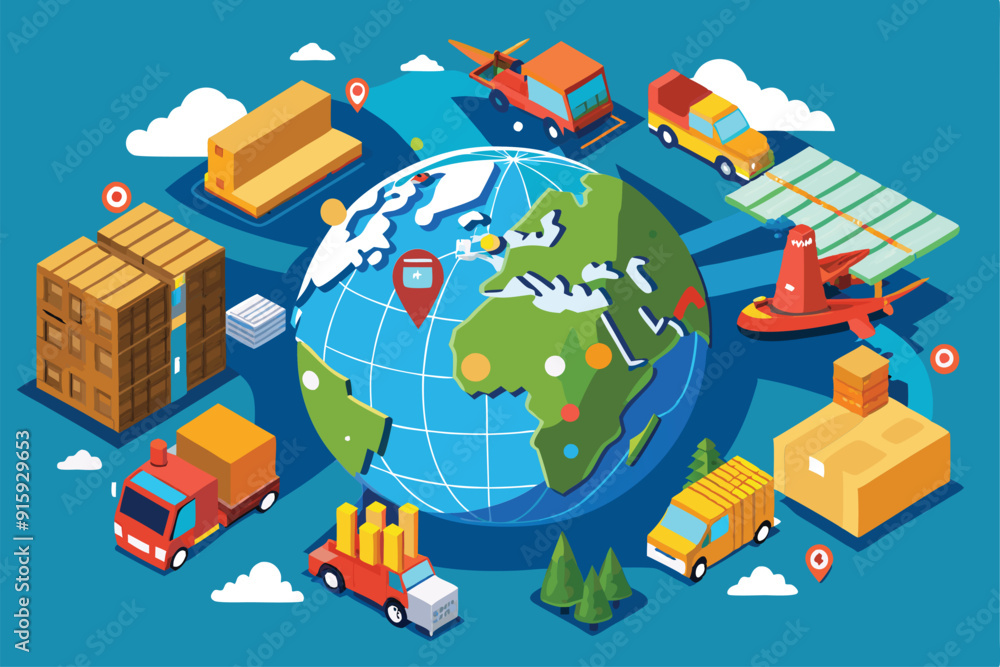 Poster A colorful representation of global logistics showcasing various transportation methods surrounding a detailed map of the world