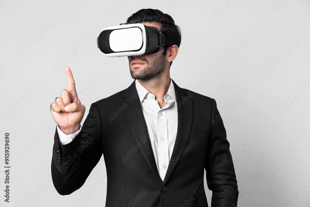 Poster skilled business man looking at data analysis while wearing vr glasses and suit. project manager che