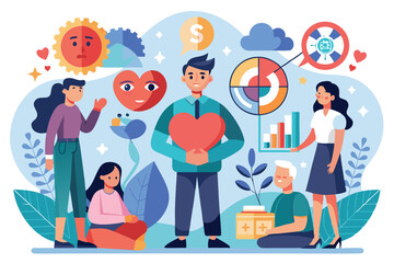 Fototapeta premium A group of individuals interacts, symbolizing empathy and emotional support in a community setting, highlighting feelings, financial aspects, and creative expressions